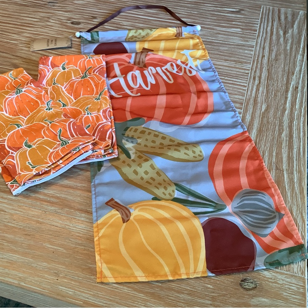 Bella Canvas Orange and Yellow Harvest Pumpkin Banner w towels too